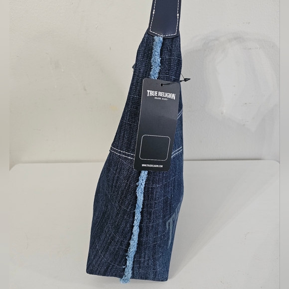 True Religion Frayed Dark Blue Denim Hobo Shoulder Bag ~Logo - Picture 3 of 6